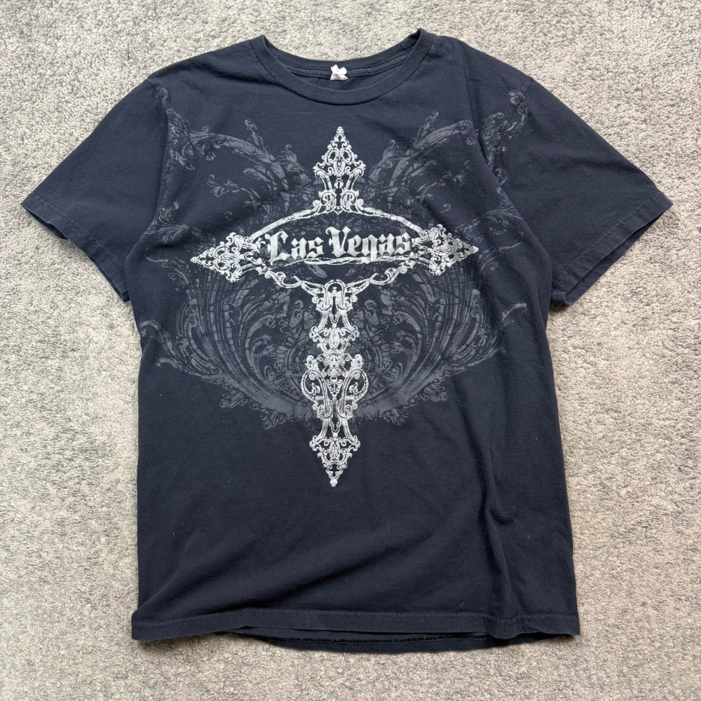 Las Vegas Gothic Cross Graphic T-Shirt Black Size M Y2K Streetwear Tee